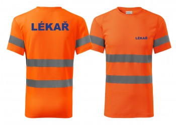 Poháry.com® Reflexní tričko oranžová Lekář modrý potisk L pánské