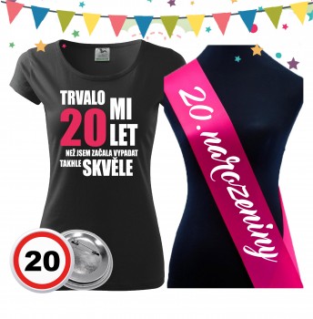 Poháry.com® Dámské narozeninové tričko se šerpou a plackou k 20. narozeninám XXL dámské