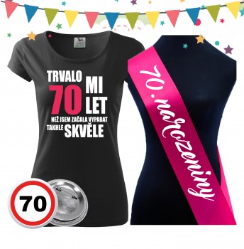 Poháry.com® Dámské narozeninové tričko se šerpou a plackou k 70. narozeninám M dámské