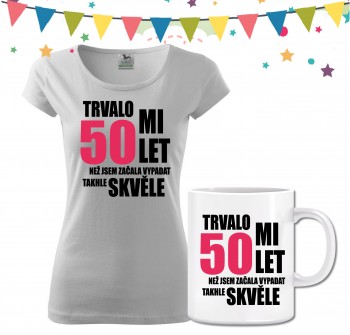 Poháry.com® Dámské narozeninové tričko s hrnečkem k 50. narozeninám - bílé S dámské