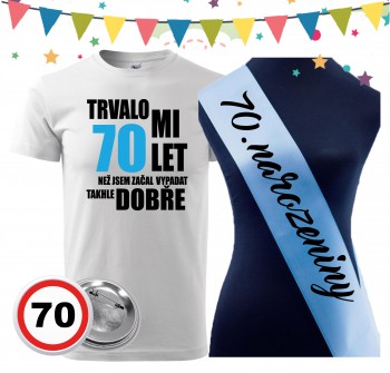 Poháry.com® Narozeninové tričko se šerpou a plackou k 70. narozeninám - bílé XXL pánské